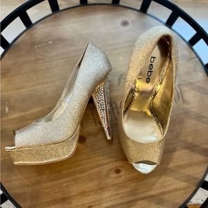 Bebe Gold sparkly heels with rhinestone heels
